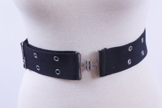 1990s Grunge Hip Hop Grommet Black Fabric Belt Tw… - image 1