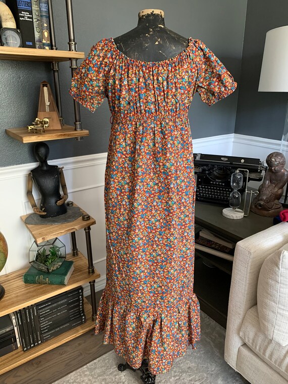 Brown-Orange, Floral, Long Dress, 1970s, Short Sl… - image 5