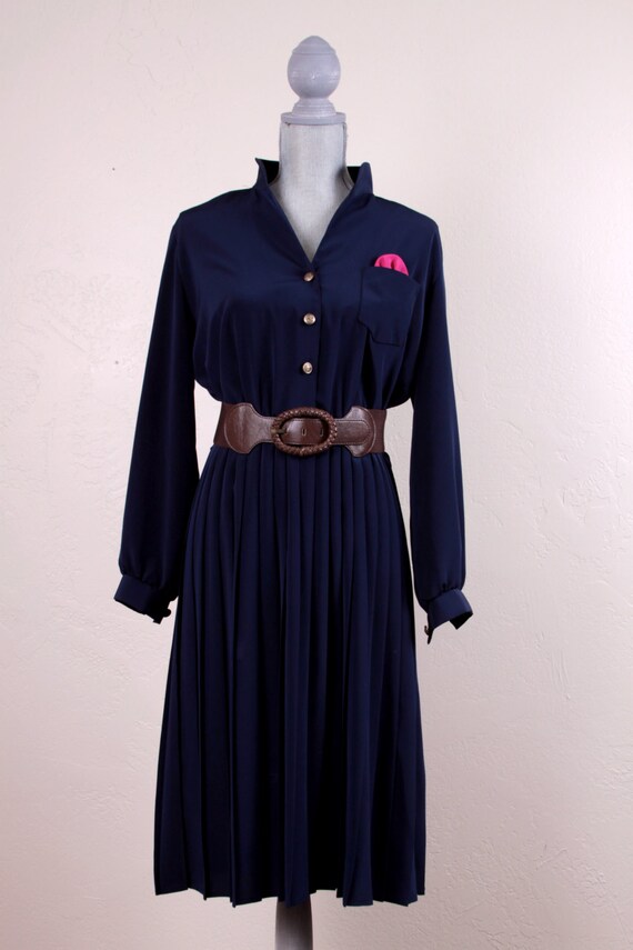 Vintage 1970's Navy Blue Flowy Business Dress With Pleats Sz Medium Large  6, 8, 10 ~ 1057 - Etsy