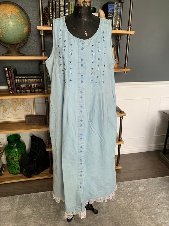 Denim Long Pocket Dress, Northern Treasures, Size XL, 50", Little Flowers,  Front Buttons, Boat Neck, Lace Bottom, ~ 230710-MEL 5 821 - Etsy