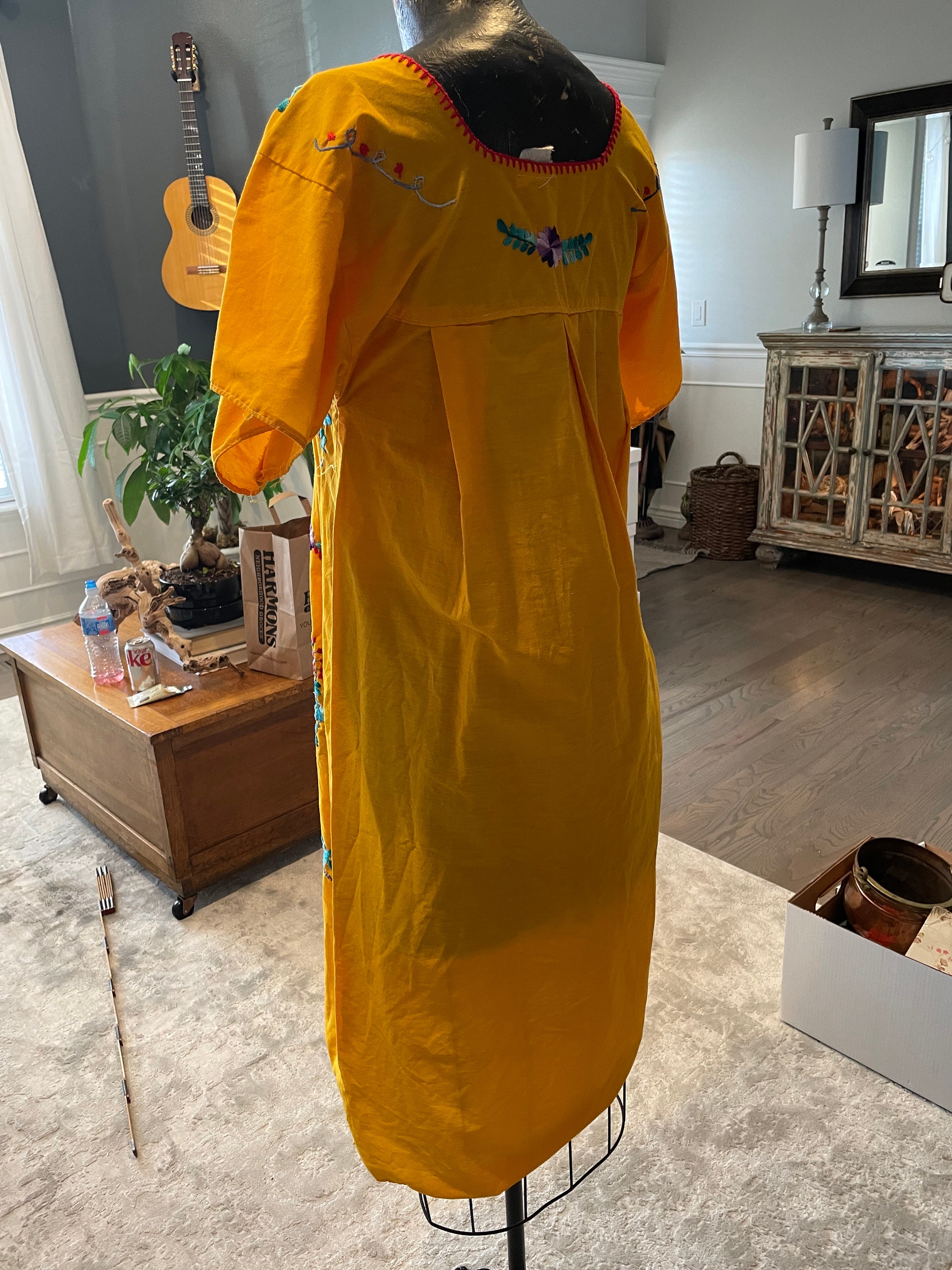 70s Mexican Dress Yellow, Floral, Long Dress, Shift Dress