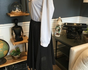 90s White-black, Dotted, Shirtdress, V Neck, Long Sleeve