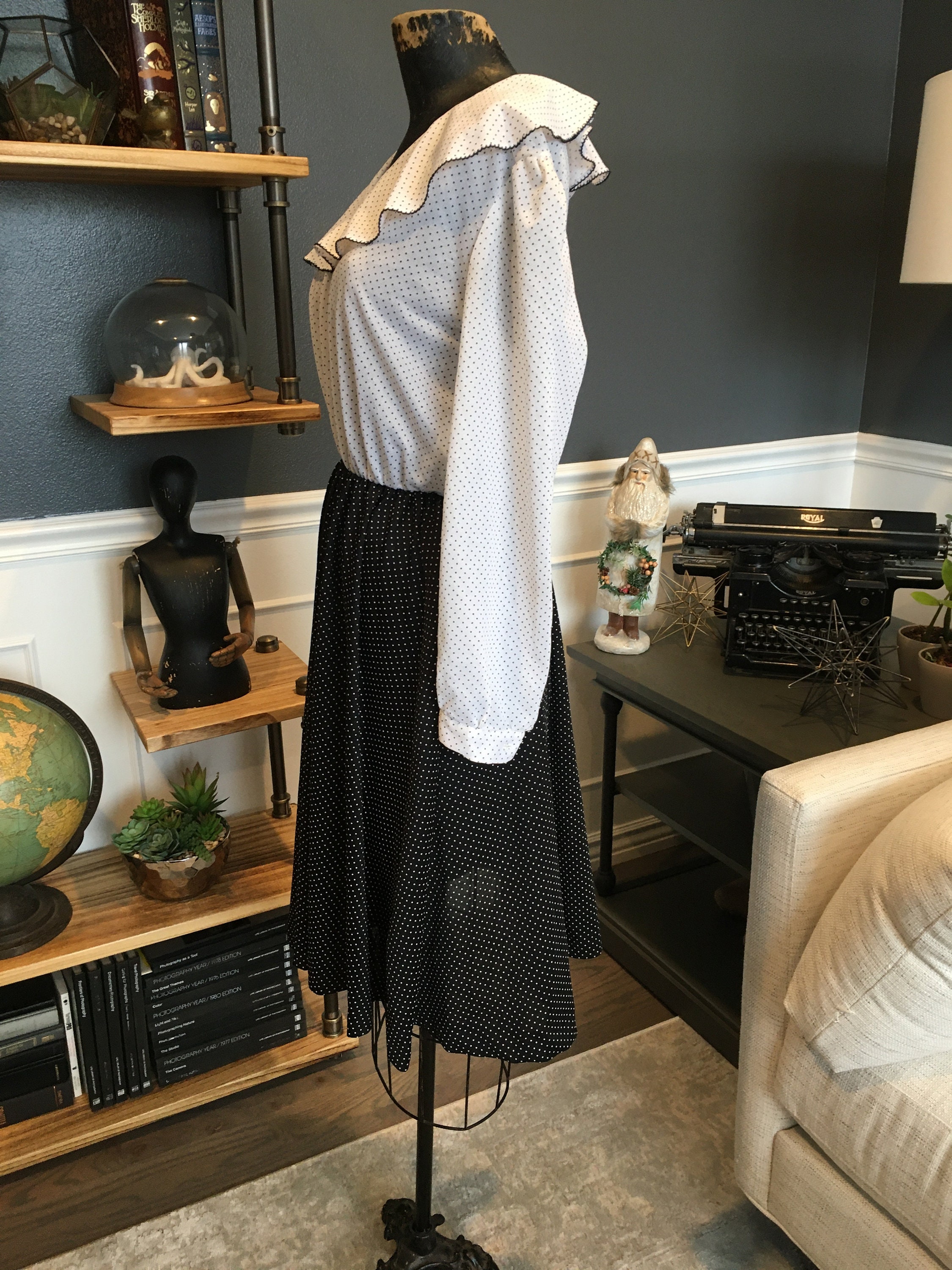90s White-black, Dotted, Shirtdress, V Neck, Long Sleeve