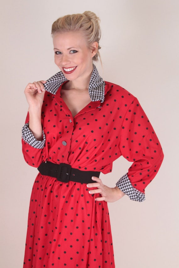 Red Polka Dot Dress, Houndstooth Sleeves and Colla