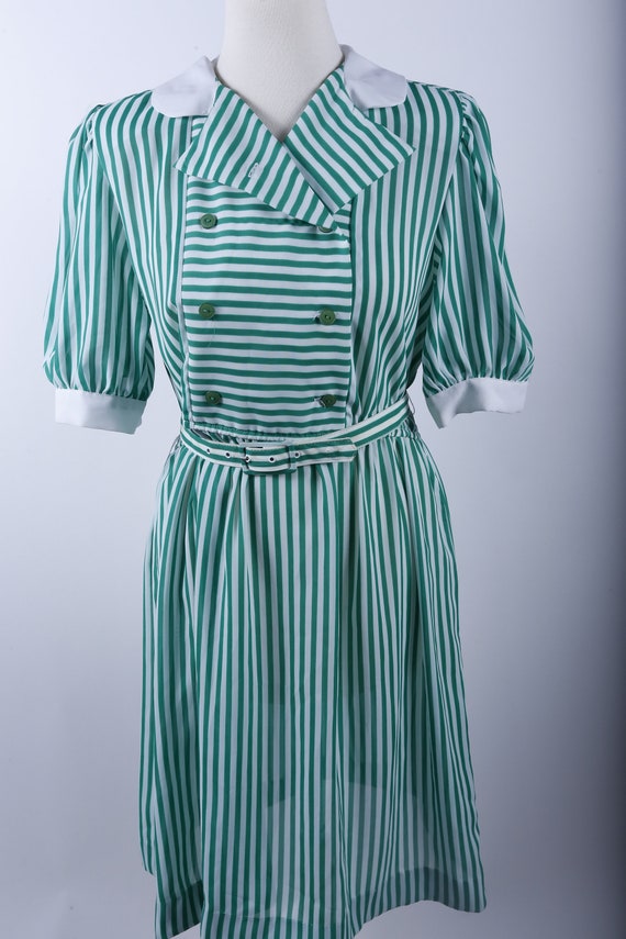 70s Dress, Striped, White, Green, Belt, Short Sle… - image 2