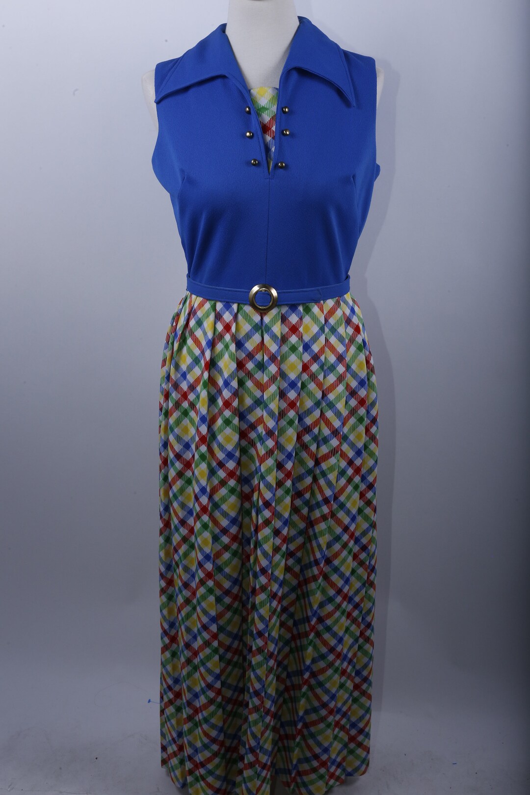 Blue, White, Long, Dress, Sleeveless, Closed Collar, Zipper, Belt