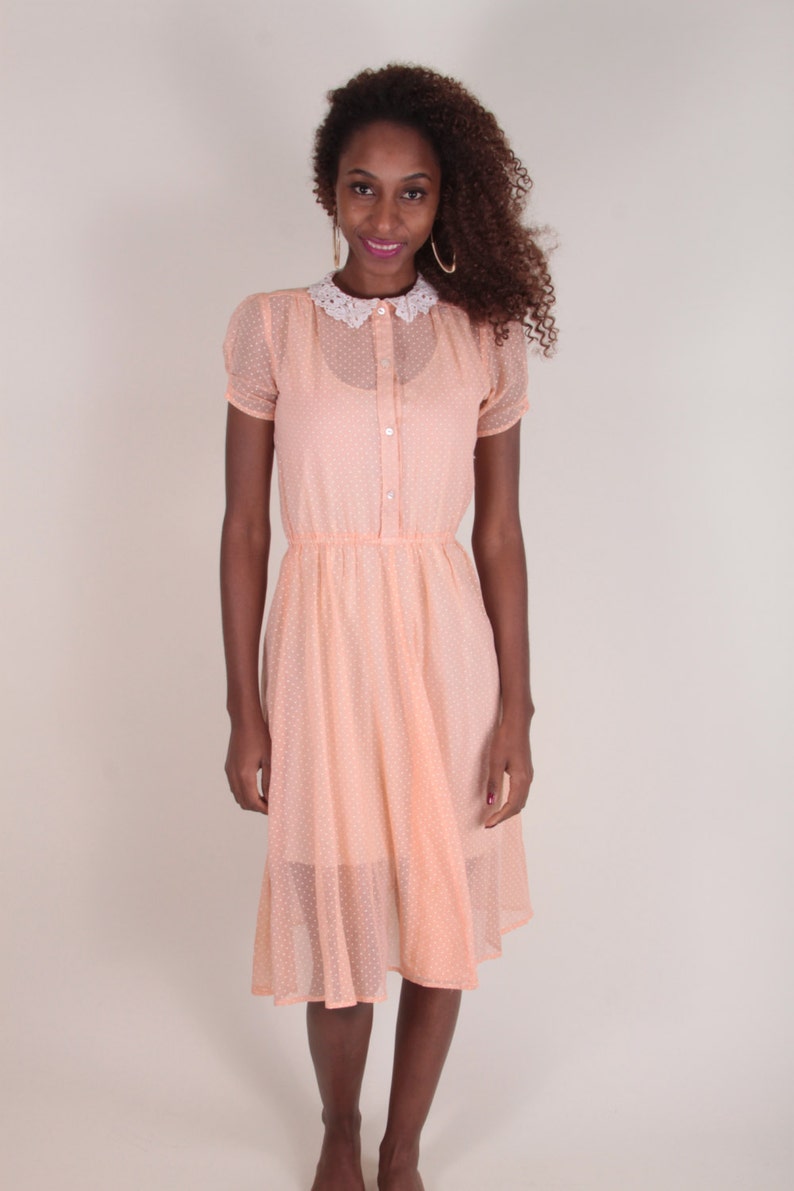 Peach, Polka Dot Dress, See Through, Sheer, Baby Doll, Lace Collar, Button Up, Innocent Dress, Light Pink ~ Boom Thang ~ 170215 Peach, Polka Dot Dress, See Through, Sheer, Baby Doll, Lace Collar, Button Up, Innocent Dress, Light Pink ~ Boom Thang ~ 170215