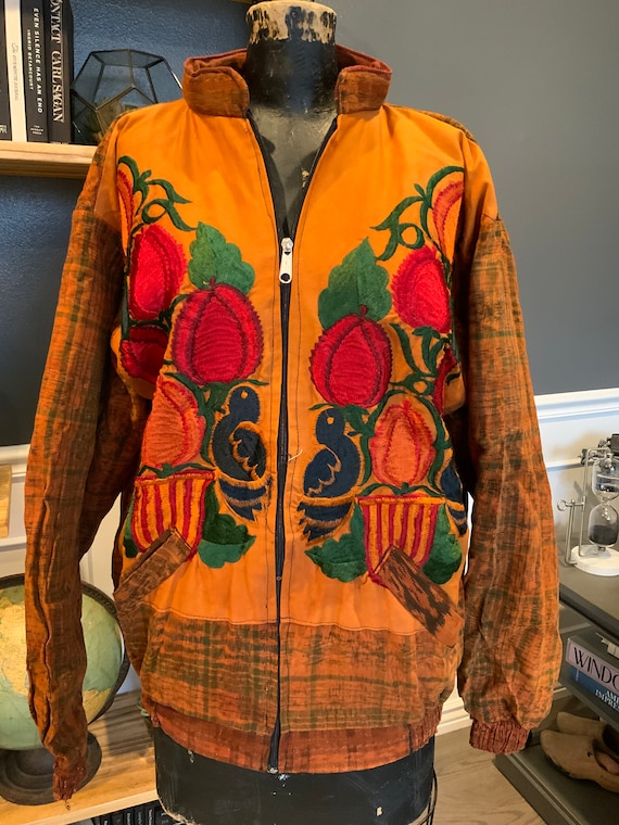 80s Orange, Floral, Jacket, Cotton, Bomber, Long … - image 2