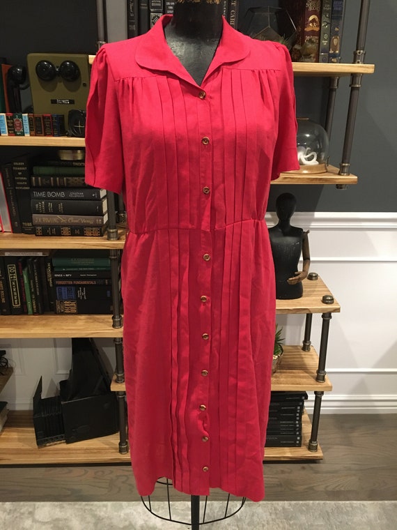80s Anjac Fashions, Red, Shirt Dress, Collared Ne… - image 1