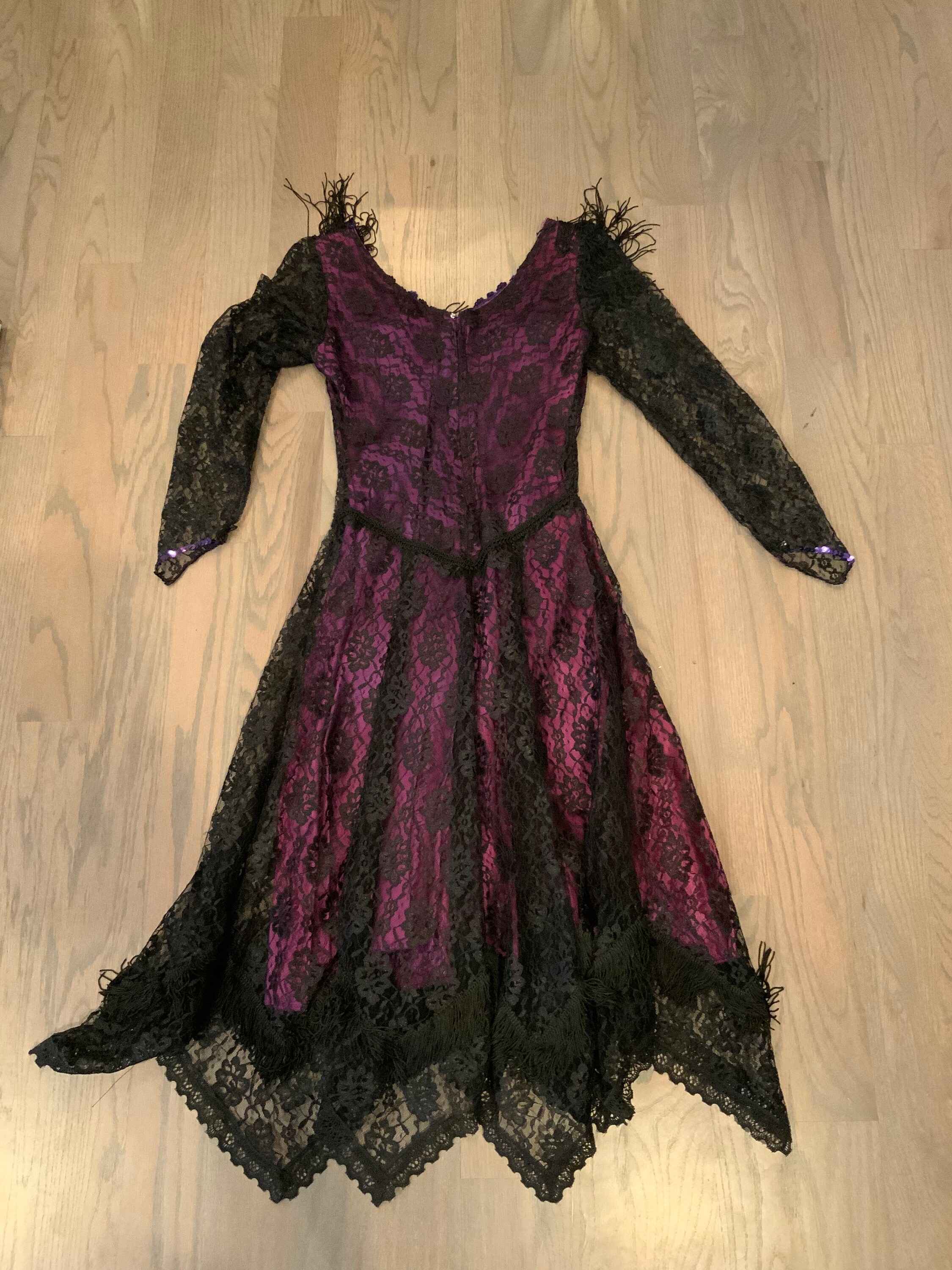 80s Purple-black, Dress, Black Floral Lace, Long Sleeve, Scoop