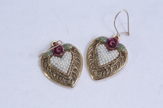 90s Heart Earrings, With Roses, Pearls Earrings, … - image 2