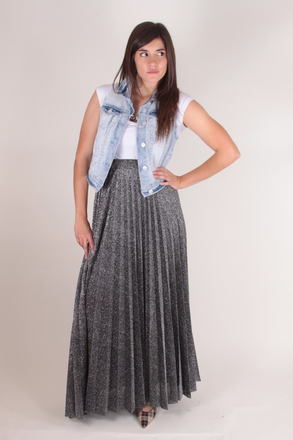Vintage Silver Skirt, Pleated, Long, Shimmery, Met