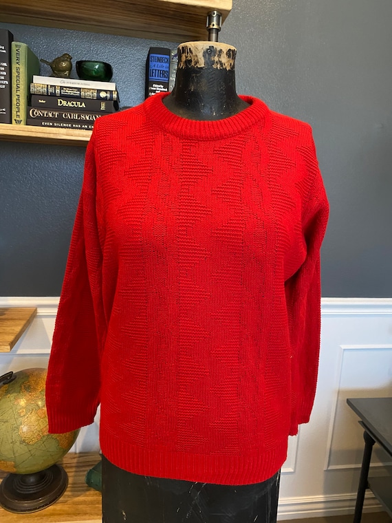 Sweater, Red, Crew Neck, Geometric Pattern, Long … - image 1