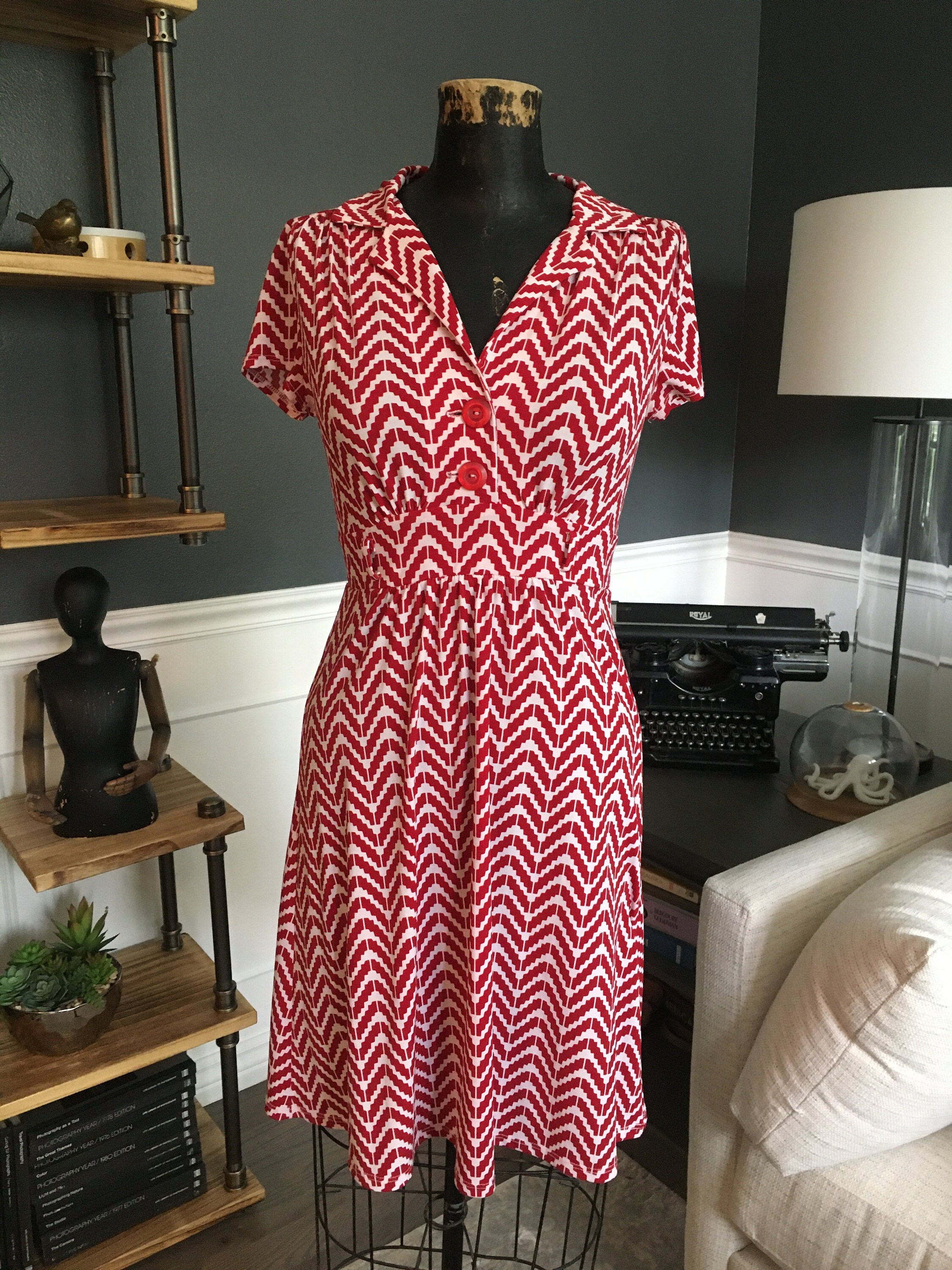 90s JFW, Red White, Striped, Shirt Dress, Short Sleeve, Front