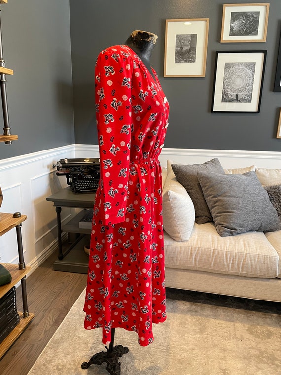 Leslie Fay, Red, Dress, Flowers, Elastic Waist, Long Sleeve, V Neck, Front Buttons, Size 12, Summer, Fashion, Outfit, Vintage, ~ 20-01-133 Leslie Fay, Red, Dress, Flowers, Elastic Waist, Long Sleeve, V Neck, Front Buttons, Size 12, Summer, Fashion, Outfit, Vintage, ~ 20-01-133