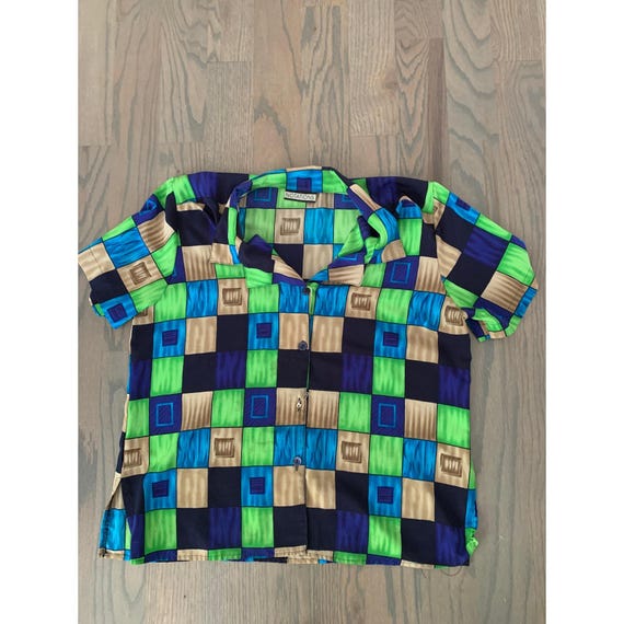 Bright Checked Blouse, Notations, Collared, Deep … - image 6