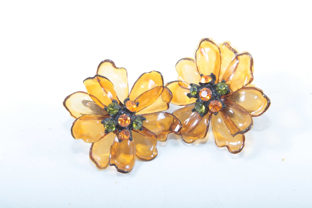 Vintage Oversized Plastic Floral Clip-On Earrings