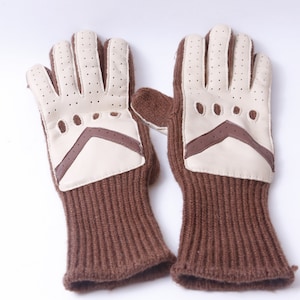 Gloves, Brown, Knitted, Leather, Warm, Handwear, Driving, Camping, Hiking, Winter, Fashion, Clothing, Outfit, Vintage, ~ 20-01-389