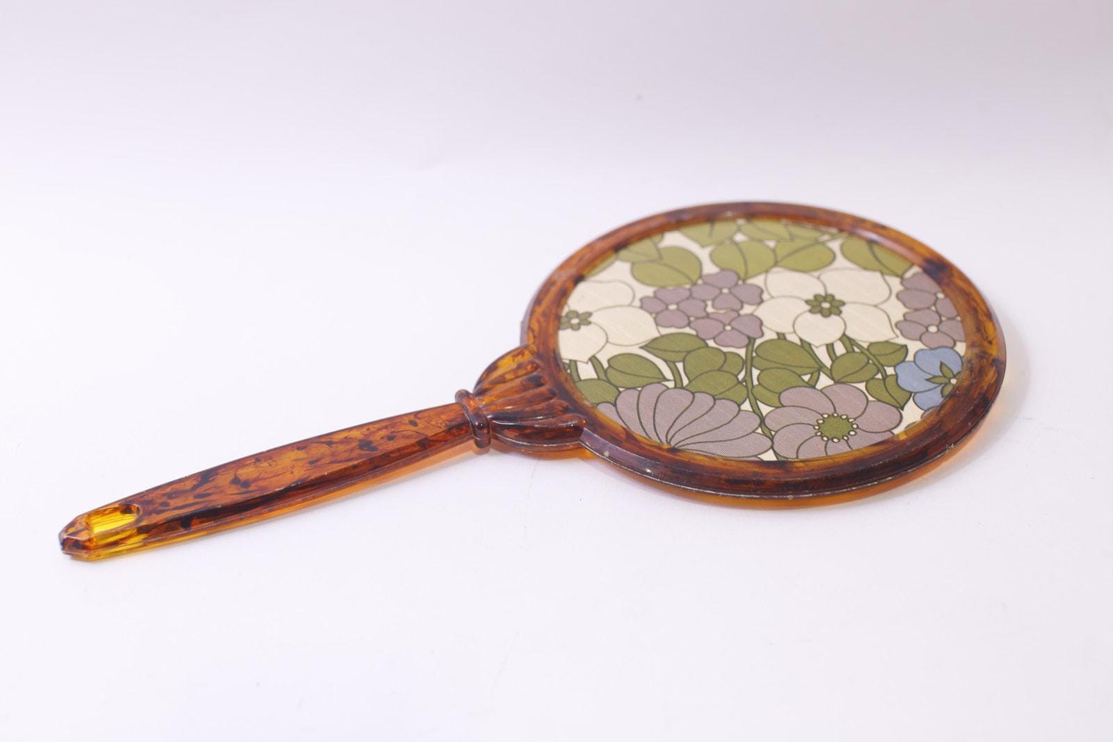 70年代風 花柄 ヴィンテージ ハンドミラー 傷あり 手持ち式 花柄バック