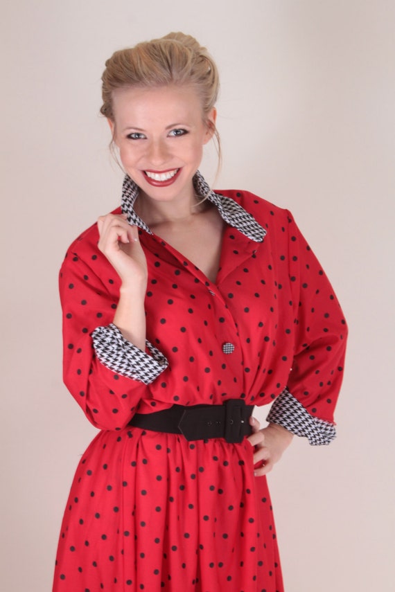 Red Polka Dot Dress, Houndstooth Sleeves and Coll… - image 3