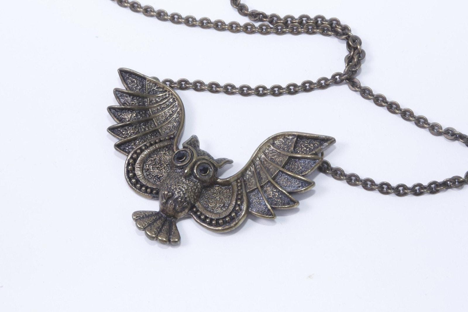 Owl, Silver, Bird, Wings Up, Medallion, Pendant, Necklace, Thin Chain, Jewelry, Accessory, Fashion, 