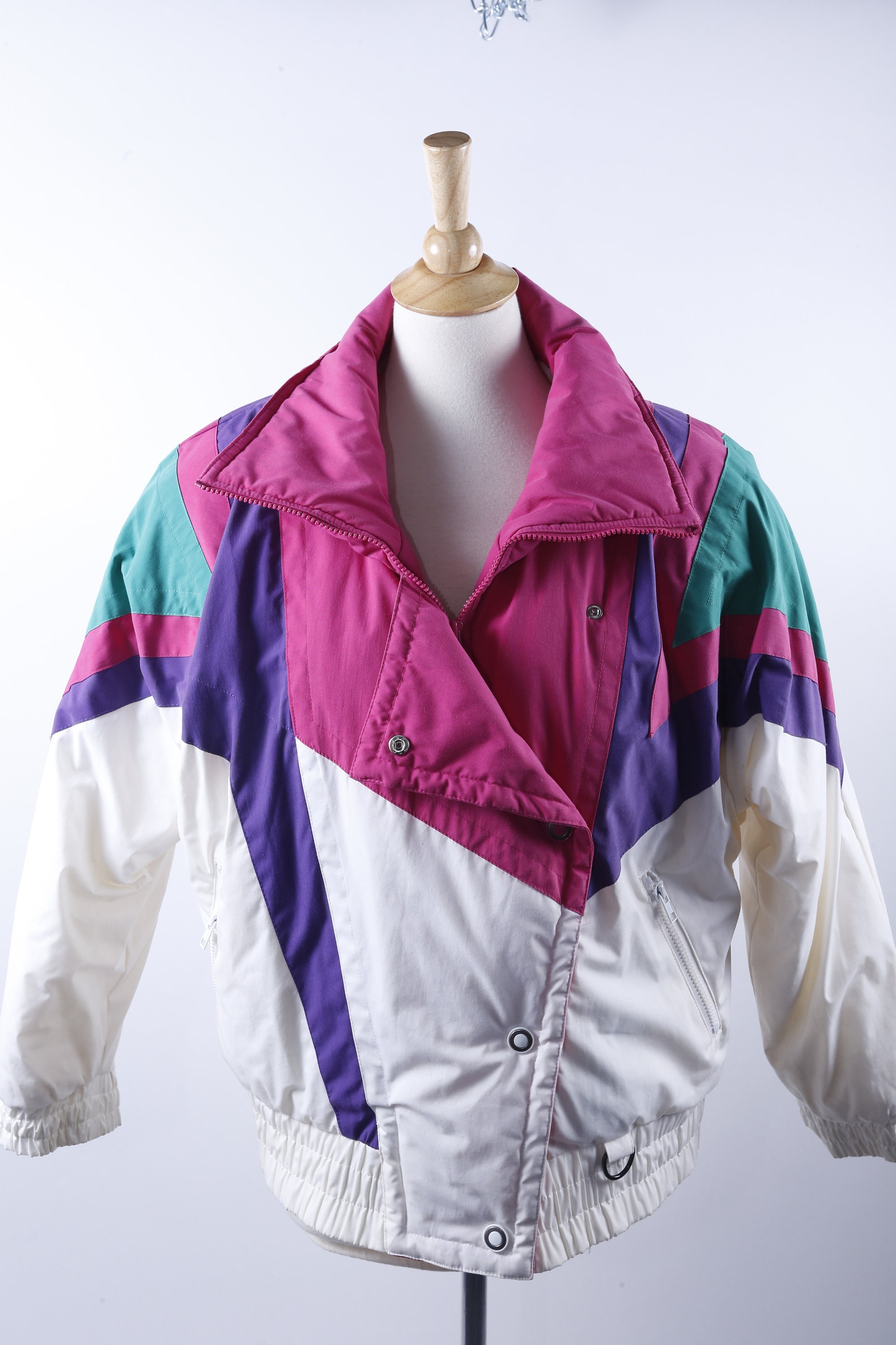 Parachute Jacket, 1980s, 90s, Skii Jacket, White, Purple, Hot Pink 