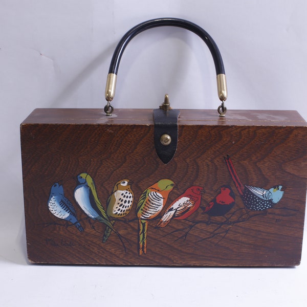 Enid Collins Vintage Wooden Purse, Mirror, Wooden Purse, 1970s, Boho, Painted Birds, Rare, Super cute - 230710-DIR 235