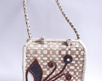 Rieten portemonnee met groot bloemenpatroon, handtas, handvat aan de bovenkant, knopslot, 8x8 inch, zomermode, accessoire, FLAW ~ 231014-DISV 562