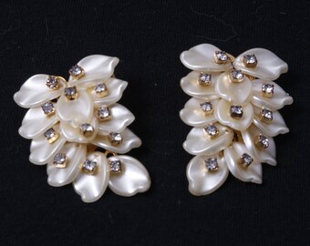 Blanc, Thème Floral, Boucles d’oreilles, Petites Pierres, Feuilles, Bijoux, Mode, Vêtements, Tenue, Vintage, années 1930 à 1970 ~ 20-01-153 AA