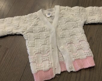 80s White, Pink, Knitted, Buttons, Baby Girl, Cardigan, Sweater, Baby Clothes, Kids, Fashion, Outfit, Vintage, M-29-07 MP