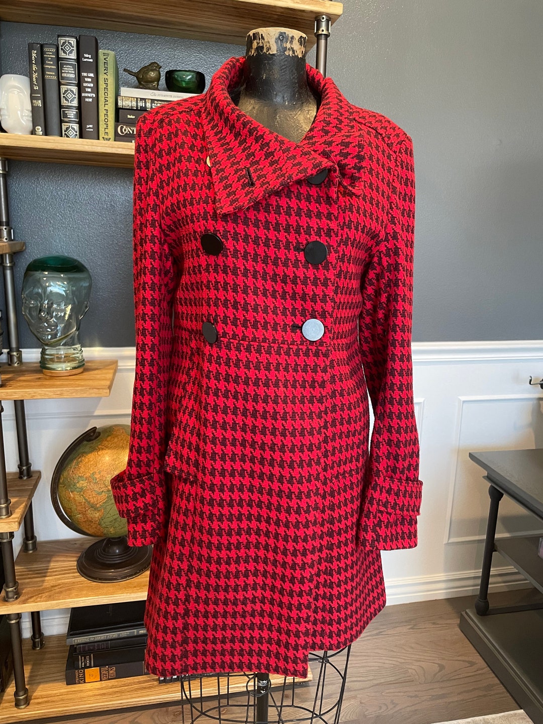 90s Sashimi, Red-black, Coat, Trench, Long Sleeve, Collared, Black