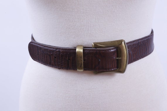 Brown Leather Belt Yellow Buckle Relief Patterns … - image 1