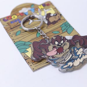 Op de afbeelding: Een transparante plastic sleutelhanger met Taz, de Tasmaanse duivel uit Looney Tunes. Taz wordt afgebeeld terwijl hij in een draaikolk draait, met zijn tong naar buiten. De sleutelhanger is bevestigd aan een zilveren metalen ring.