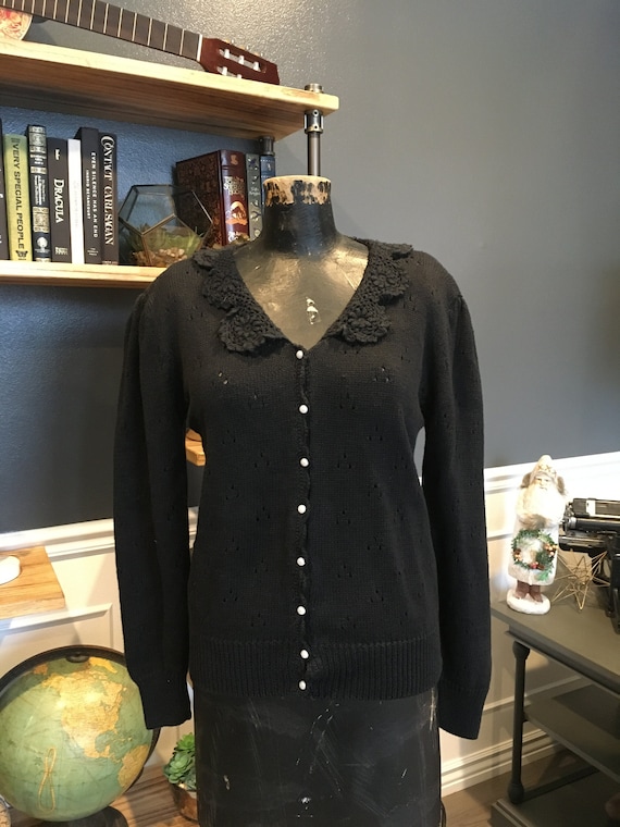 Cottage Core, Black, Sweater, Cardigan, V Neck, L… - image 1