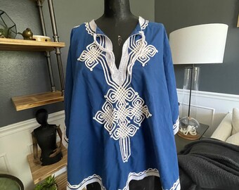Blue White, Poncho, Pullover, Blouse, Abstract Ornaments, 24 x 39", Fashion, Clothing, Outfit, Vintage, ~ 20-01-1057
