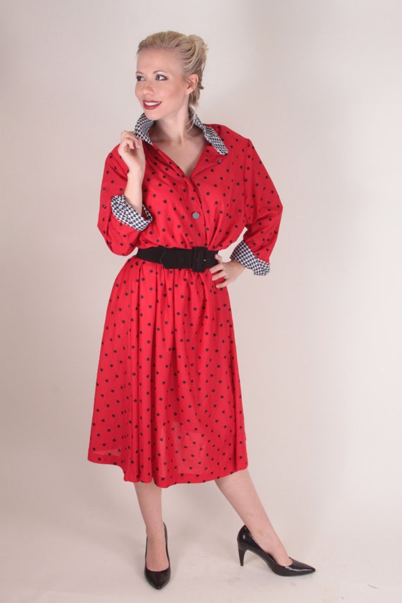 Red Polka Dot Dress, Houndstooth Sleeves and Coll… - image 2