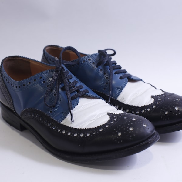 Cuir Veritable, Brogue Wingtip Shoes, Tricolor, Black White Blue, Size 39 1\2, Made in France, Elegant, Footwear, Stylish, ~ 230601-GWB 1266