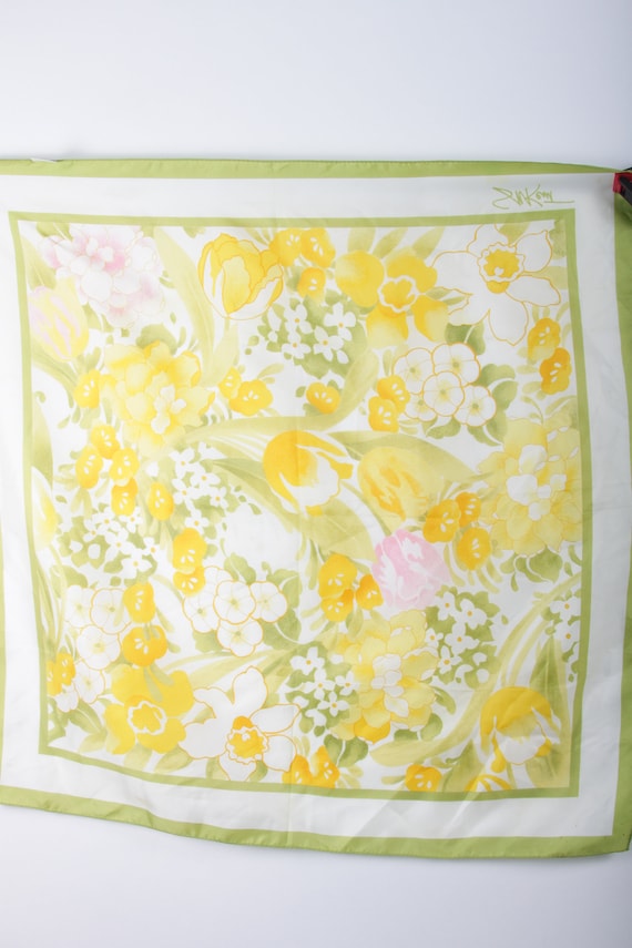 70s Vintage Floral Scarf, Yellow Tulips, Spring, W