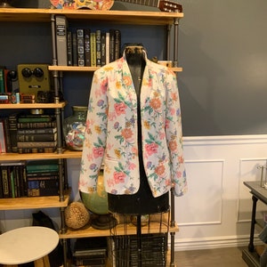 80s Pykettes, White, Floral, Blazer, Jacket, Long Sleeve, Pockets, Size 18, Summer, Fashion, Outfit, Vintage, FLAW ~ 1310