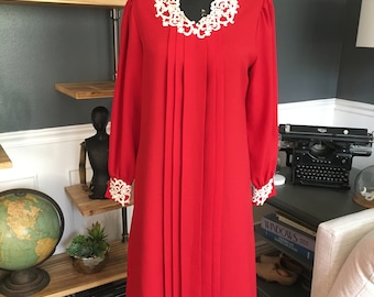 Red, Long Dress, Tunic, Pleated, White Lace, Long Sleeve, V Neck, Back Button, Fashion, Clothes, Outfit, Vintage, ~ 20-01-1116