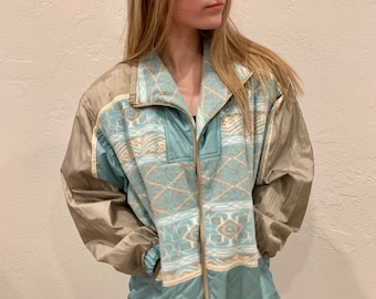 Parachute Jacket, 80s, 90s, Balloon Jacket, Light Blue, Brushed Gold, Felt, Zipper, Buttons, Pockets, Size M, Petite Sophisticate, M-23-05