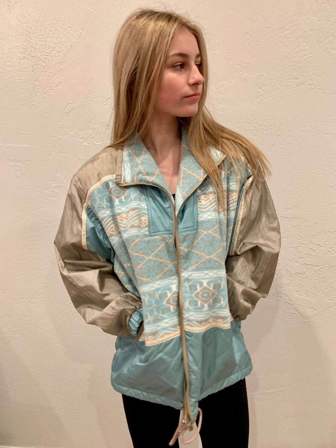 Parachute Jacket, 80s, 90s, Balloon Jacket, Light Blue, Brushed Gold, Felt, Zipper, Buttons, Pockets, Size M, Petite Sophisticate, 20-01-844