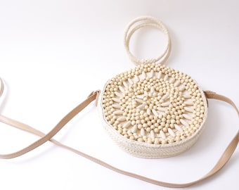 Rattan Beaded Bag, Crossbody Bag, Summer Bag, Fashion, White, Accessory, Outfit, Vintage, Collectible,  ~20-01-604