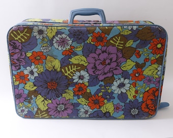 Koffer, blau, floral, bunt, hell, Tasche, Etui, Kosmetiktasche, Reißverschluss, Griff oben, 20 x 13 ", Reise, Accessoire, Outfit, Vintage, F-2