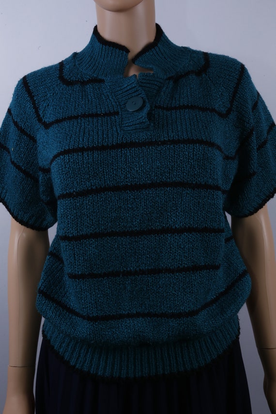 Vintage Green, Sweater, Black Stripes, Big Button… - image 1
