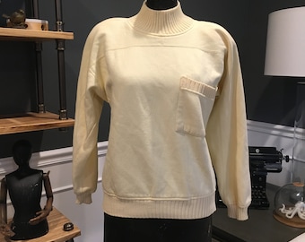 Guepardo de los años 80, mantequilla, suéter amarillo, blusa, jersey, cuello alto, bolsillo en el pecho, manga larga, talla S, década de 1990, traje, vintage, ~ 20-01-1140