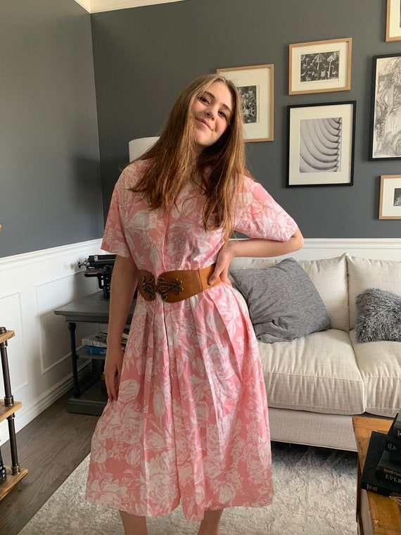 Pink, Dress, Floral, Half Sleeve, Deep V Neck, White Flowers, Summer,  Fashion, Clothes, Outfit, Vintage ~ M-17-05 - Etsy Ireland