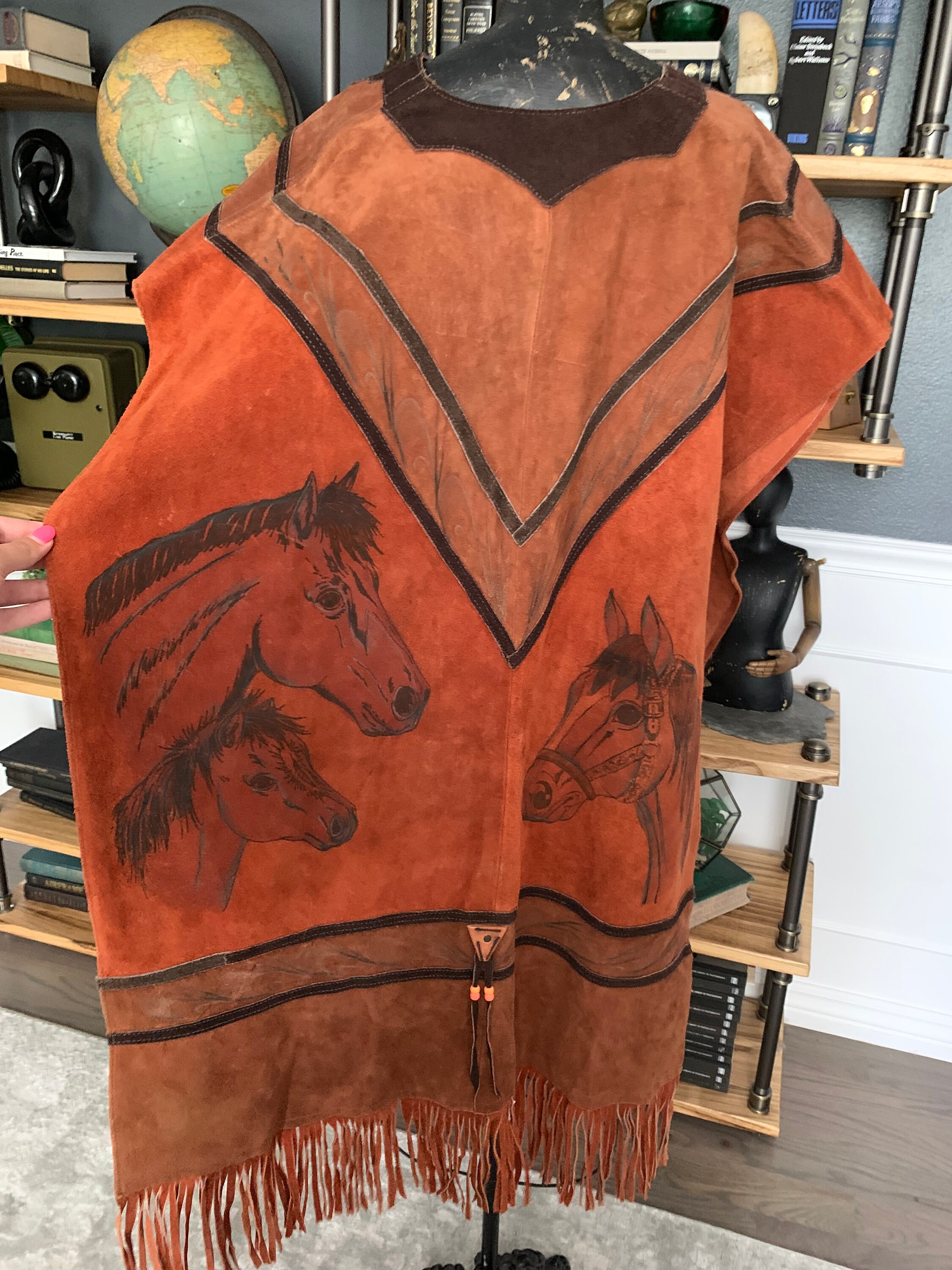 Van Dyck, Brown Painted Leather Poncho With Horses, 27x39