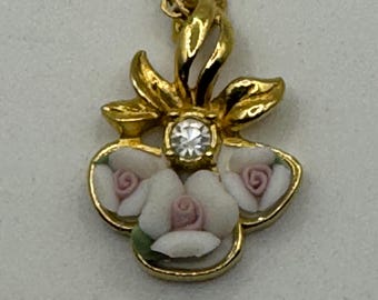 Vintage Avon Rose Pendant Necklace: Gold-Tone Porcelain Floral Crystal