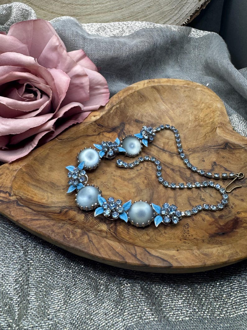 Vintage 1950s Blue Moonglow Rhinestone Necklace | Floral Statement Vintage 1950s Blue Moonglow Rhinestone Necklace | Floral Statement